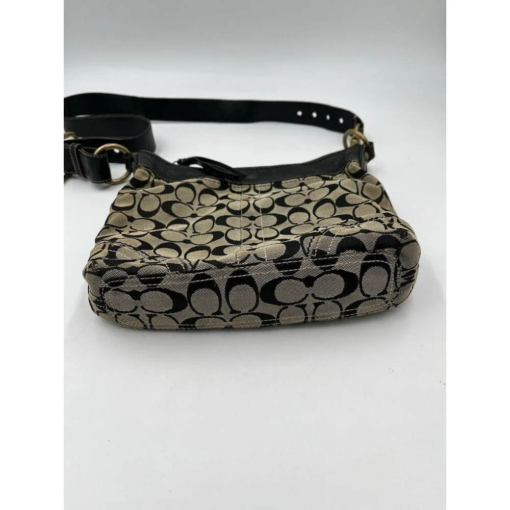 Coach Signature Monogram Canvas Crossbody Bag Black Tan Leather Trim Messenger